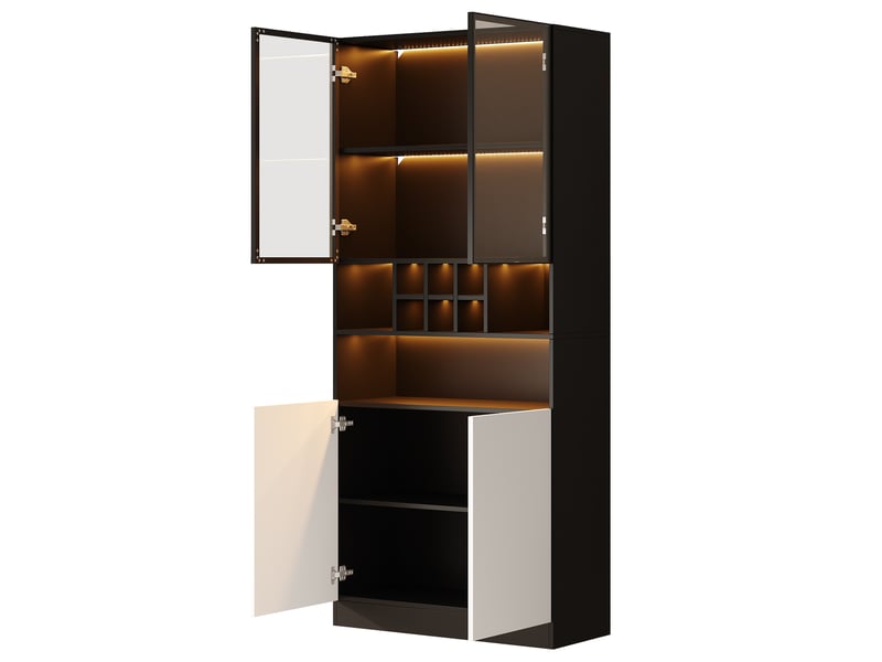  Vitrine 80x30x180 cm en panneau de particules, portes verre trempé, led multicolore, niche avec porte-bouteilles et 2 portes - noir et blanc  - Conforama E