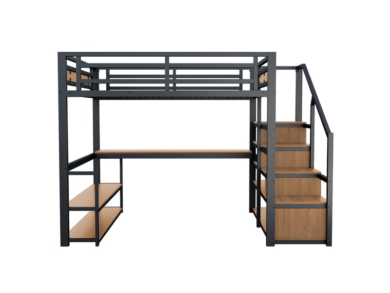  Lit mezzanine 140x200 cm avec bureau et étagères - escalier avec rangement et barrières de sécurité - métal et mdf - noir  - Conforama E