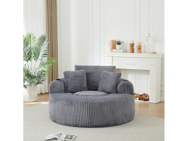  Fauteuil pouf rond 1 place avec porte-gobelets, poches latérales et 3 coussins amovibles en velours côtelé gris  - Conforama E
