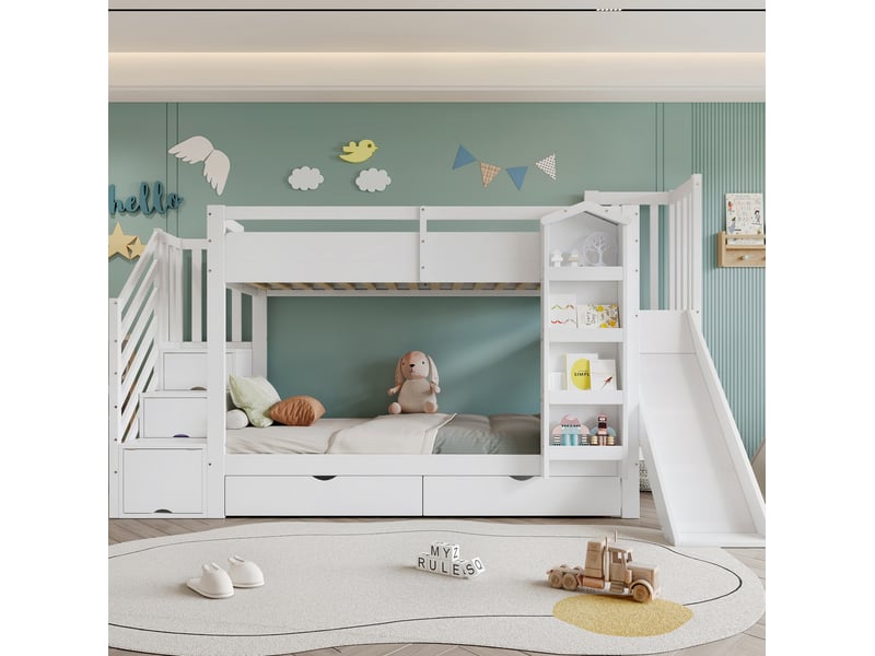  Lit superposé enfant 90x200 cm avec toboggan, escalier de rangement, tiroirs, bois et mdf blanc sans matelas  - Conforama D