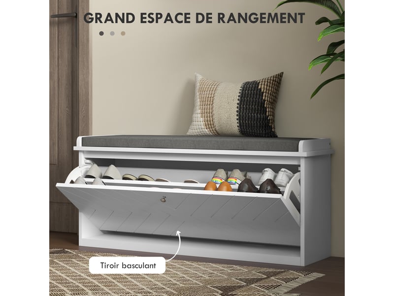Banc à chaussures avec tiroir rabattable, coussin d'assise et étagère réglable, blanc, 100 x 26 x 48 cm - Conforama A