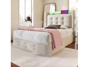 Lit adulte 90 × 200 cm avec tête de lit led, usb, type-c et rangement, sans matelas, beige