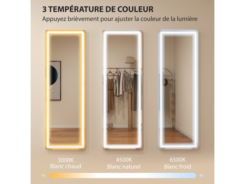 Miroir sur pied avec led 150 x 50 cm, 3 couleurs, dimmable, fonction de mémoire, verre trempé 4 mm, transparent  - Conforama D