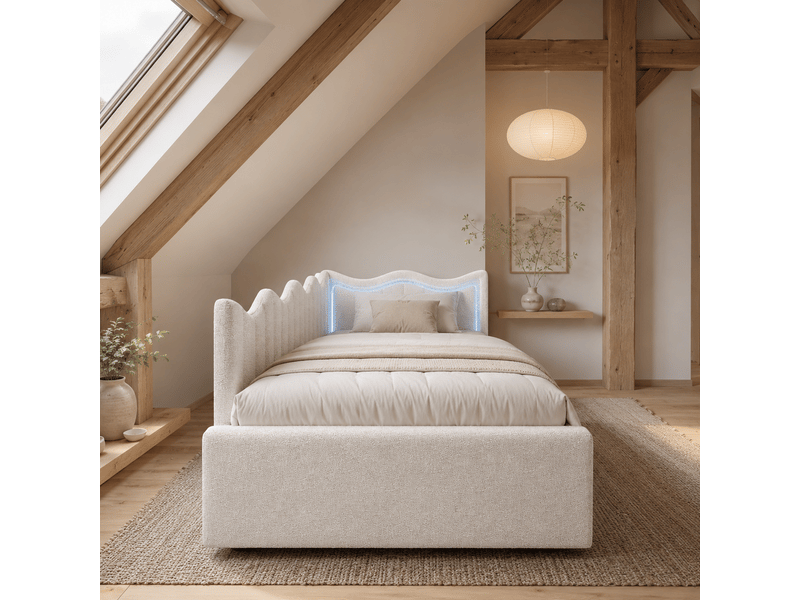  Canapé lit ado 90x200 avec rangement sous lit, lit banquette avec led lit simple avec cadre de lit à lattes et tête de lit rembourrée beige velours, sans matelas  - Conforama B