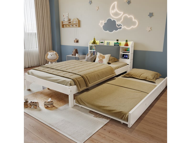 Lit simple 120 × 200 cm avec lit gigogne 90 × 190 cm, led, tête de lit rembourrée et station de charge chambre - Conforama B