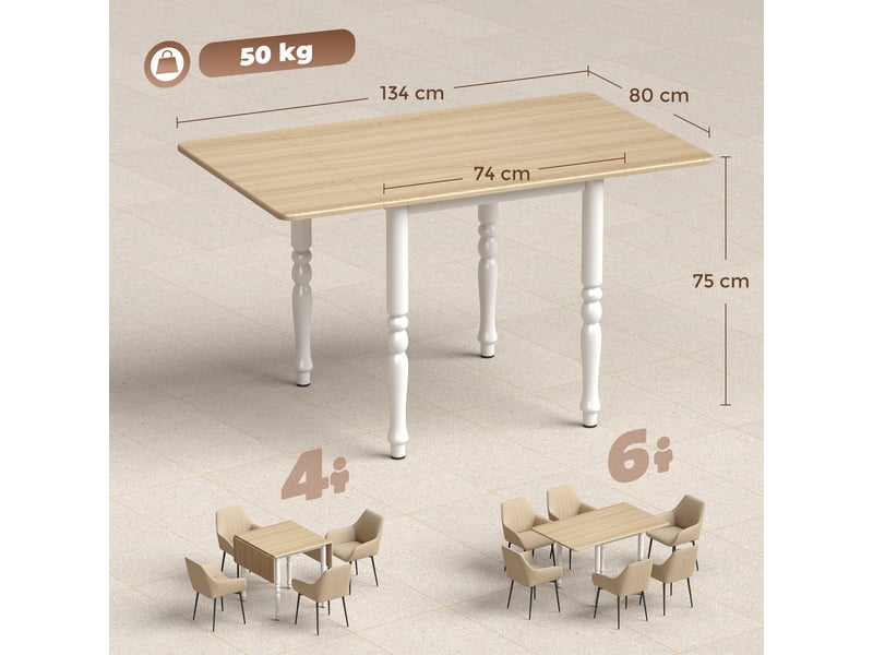 Table à manger pliante pour 2 à 6 personnes 74-134 cm, table de cuisine avec 2 abattants, bois naturel, pieds en acier - Conforama C