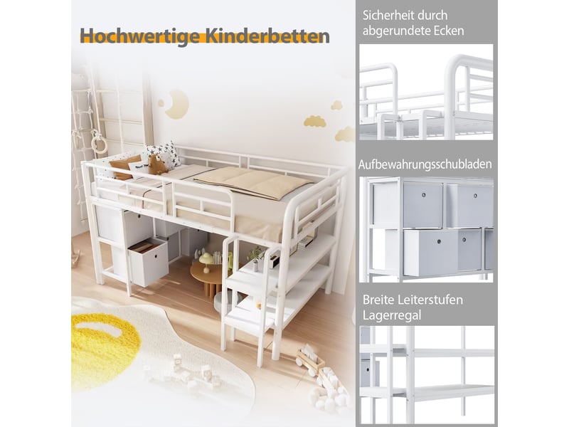  Lit mezzanine enfant 200×90 cm avec tiroirs, étagères et escalier à marches larges, en métal et mdf blanc et rose  - Conforama E