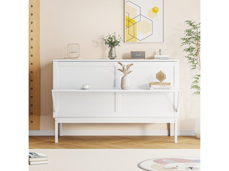  Lit escamotable 140x200 cm ado - avec sommier à lattes - fonction murale rabattable - bois - blanc  - Conforama D
