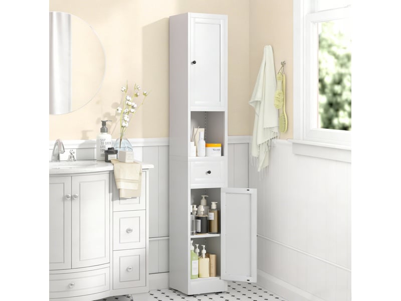  Armoire de salle de bain à 2 portes et 1 tiroir, 5 niveaux avec étagères réglables en métal blanc 30 × 30 × 180 cm  - Conforama B