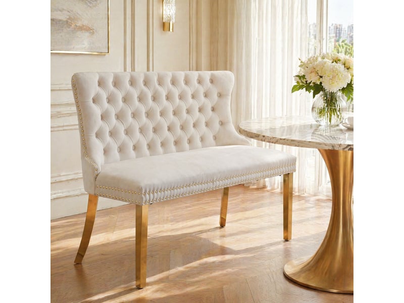  Banc de salle à manger 2 places en velours beige, dossier capitonné à ailes, pieds en acier inoxydable plaqué or  - Conforama B
