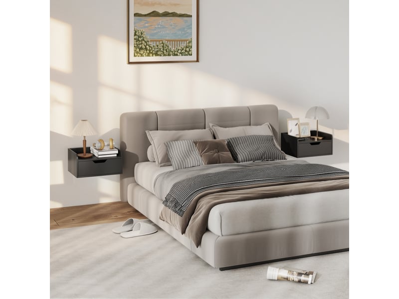  Ensemble de 2 tables de chevet murales flottantes avec 1 tiroir pour chambre à coucher, 40 x 30 x 19,5 cm, noires  - Conforama D