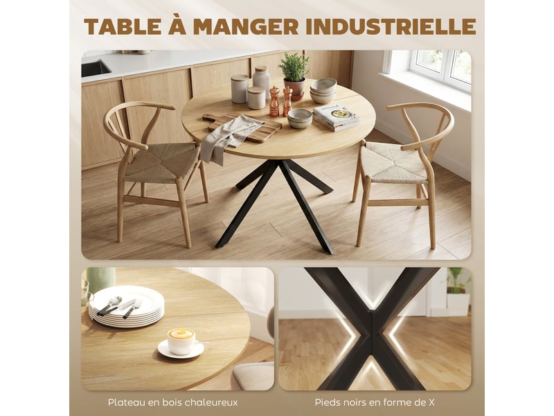 Table à manger ronde pour 4 personnes 100 cm, piètement croisé en acier chêne, style industriel avec plateau aspect bois - Conforama A