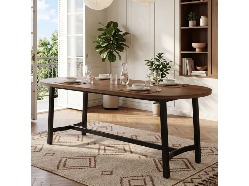  Table à manger 180 x 80 x 75 cm style simple table de salle à manger 6 à 8 personnes bords arrondis pieds en fer coloris bois de noyer  - Conforama B