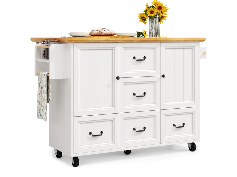 Îlot de cuisine mobile 120x4573x93 cm avec 5 tiroirs, 2 portes, blanc - Conforama A