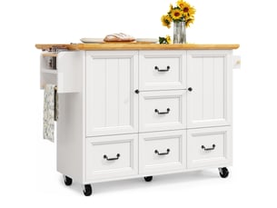Îlot de cuisine mobile 120x4573x93 cm avec 5 tiroirs, 2 portes, blanc