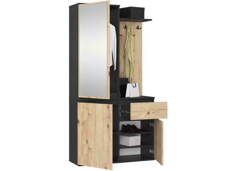  Ensemble de meubles d'entrée entro noir, chêne artisan avec armoire et miroir 95 cm 3 portes 1 tiroir 7 étagères 95x35x183 cm Ensemble d'entrée ENTRO - Conforama B
