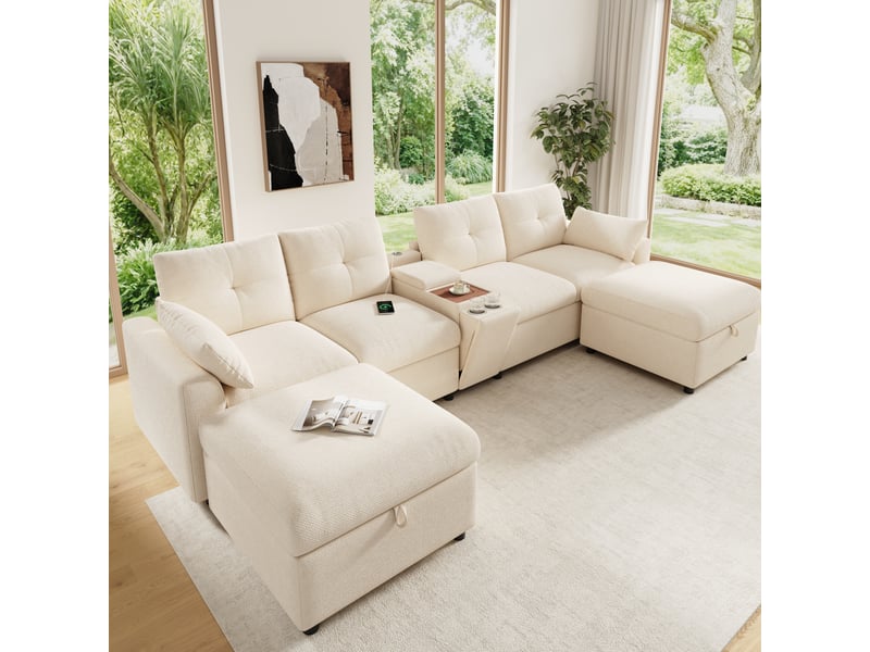 Canapé d'angle modulaire 6 places ul, 2 tabourets de rangement, console centrale avec rangement, tiroir coulissant et porte-gobelets rétractables, usb et type-c, chenille, beige - Conforama B