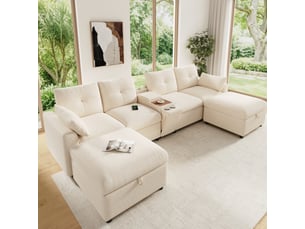 Canapé d'angle modulaire 6 places ul, 2 tabourets de rangement, console centrale avec rangement, tiroir coulissant et porte-gobelets rétractables, usb et type-c, chenille, beige