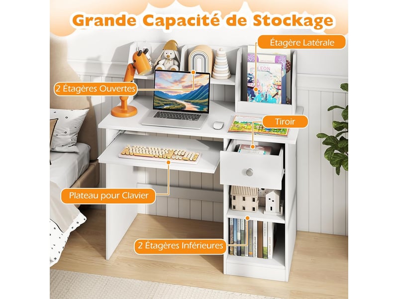 3 en 1 bureau enfant 90 x 45 x 90cm avec rangement, 1 tiroir 2 étagères, table enfant en bois avec plateau à clavier, blanc  - Conforama D