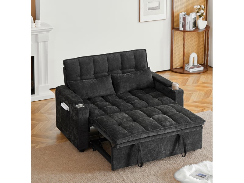 Canapé-lit 3 en 1 142 cm – noir – chenille avec rangements, porte-gobelets et coussins de soutien - Conforama B
