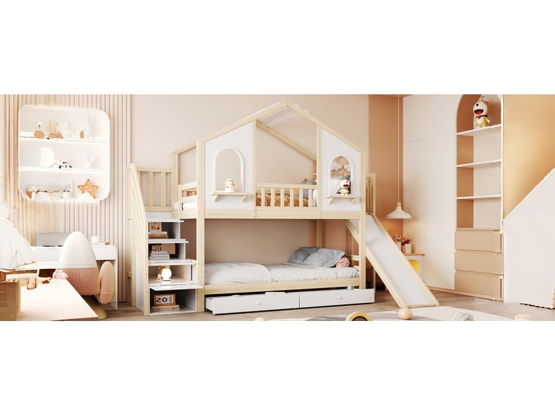  Lit superposé enfant 90x200 cm forme maison avec fenêtres cintrées échelle de rangement et toboggan tiroirs bois naturel et blanc Sol Morn - Conforama D