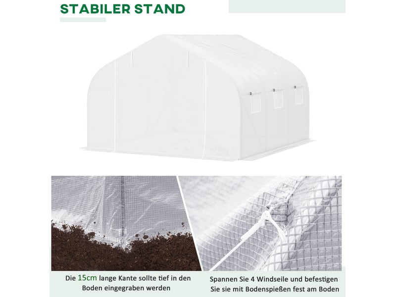 Serre tunnel 445x299x205 cm – blanche – film pe 140 gm² anti-uv, 6 fenêtres enroulables et porte zippée - Conforama E