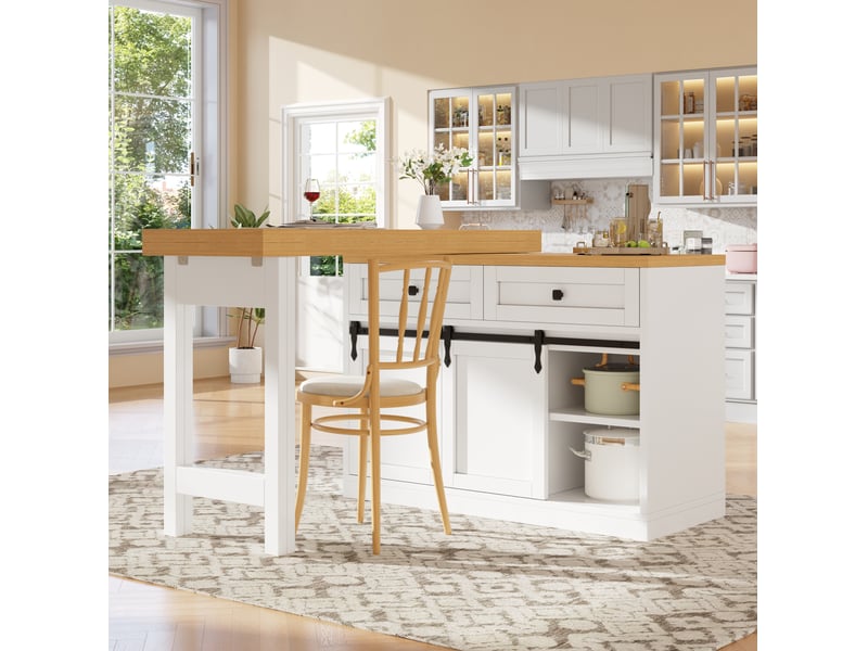  Îlot de cuisine pivotant 120-197x40x72 cm, portes coulissantes style grange, 2 tiroirs, mdf et métal, couleur blanc  - Conforama D