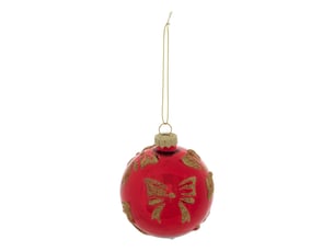 Boule de noël motif nœud doré en verre rouge d. 80 mm