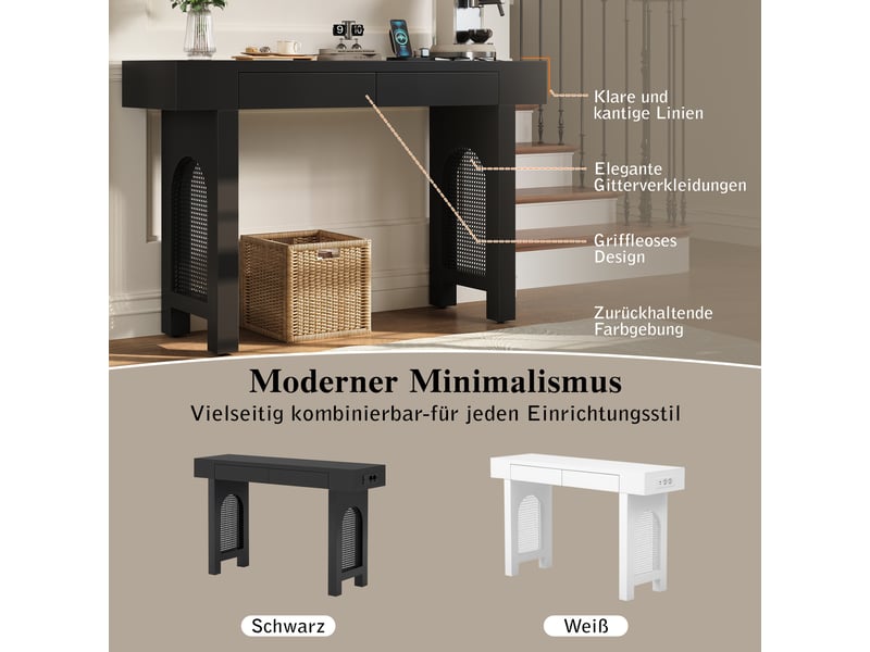  Table console avec tiroirs - noir - multiprise intégrée - tiroirs indépendants - pieds réglables 120x35.5x76.5cm - Conforama E