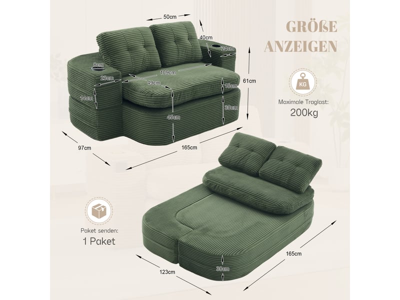  Fauteuil convertible 2 en 1 avec accoudoirs amovibles, double porte-gobelets et poches en velours côtelé vert émeraude  - Conforama D