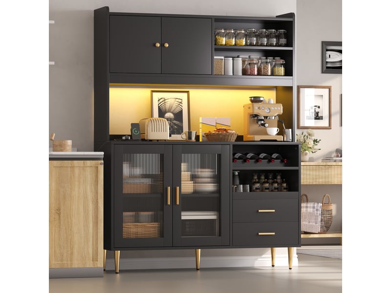  Meuble de cuisine 130 x 40 x 172 cm muvano, noir avec éclairage led et prises intégrées  - Conforama C