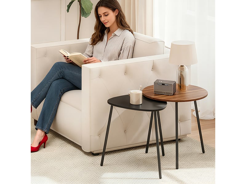  Lot de 2 tables basses gigognes, tables d'appoint contemporain cadre en métal, noyer et noir, ronde et triangulaire  - Conforama W