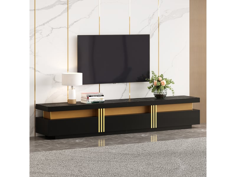  Meuble tv 200x40x42 cm lowboard aspect marbre, trois tiroirs et 1 passe-câbles, commode tv pour téléviseurs jusqu'à 90 pouces  - Conforama W