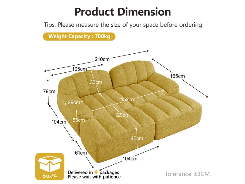  Canapé modulaire 2 places avec ottoman et assise ergonomique en tissu polaire granuleux jaune  - Conforama E