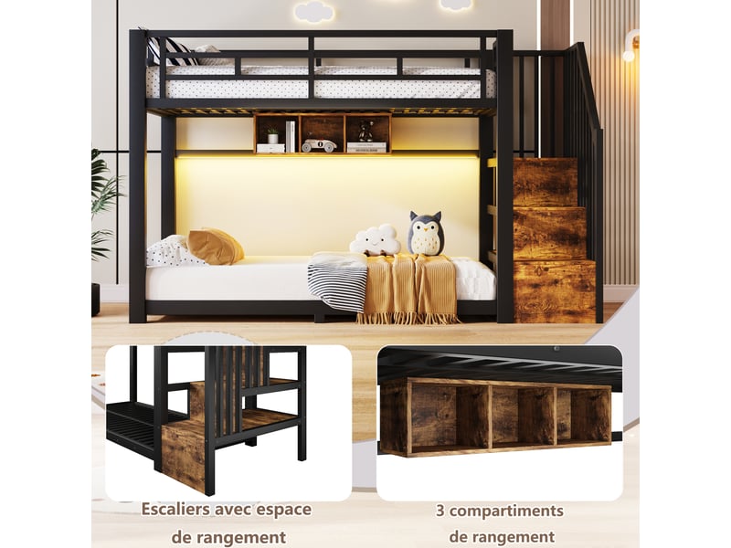  Lit superposé 2 places 90 x 200 cm avec led réglable par application, escalier avec rangement et 3 compartiments, métal blanc, garde-corps  - Conforama E