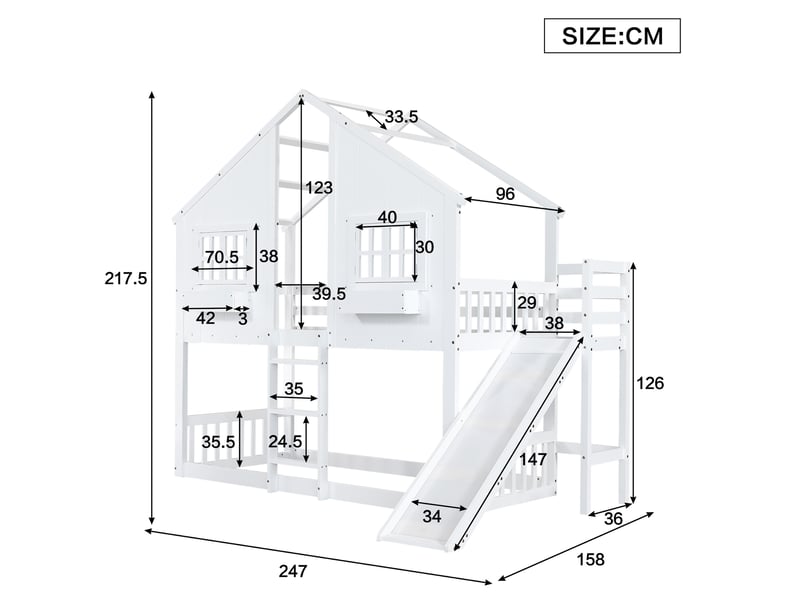  Lit superposé enfant 90x200 cm avec toboggan, toit et fenêtres en pin et mdf  - Conforama E