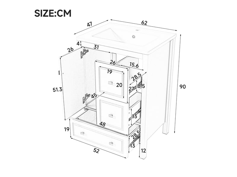  Meuble vasque mdf et céramique 62×47×90 cm, finition laquée, 3 tiroirs silencieux et 1 porte à fermeture amortie  - Conforama B