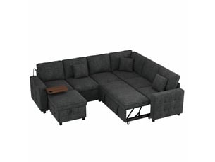 Canapé d'angle réversible convertible <strong></strong> <strong></strong> 7 places Coton / Polyester gris avec coffre de rangement