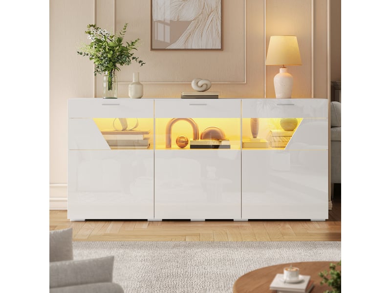  Buffet bas avec 3 portes vitrées et éclairage led contrôlé par application, blanc brillant, 160 × 38 × 78 cm  - Conforama C