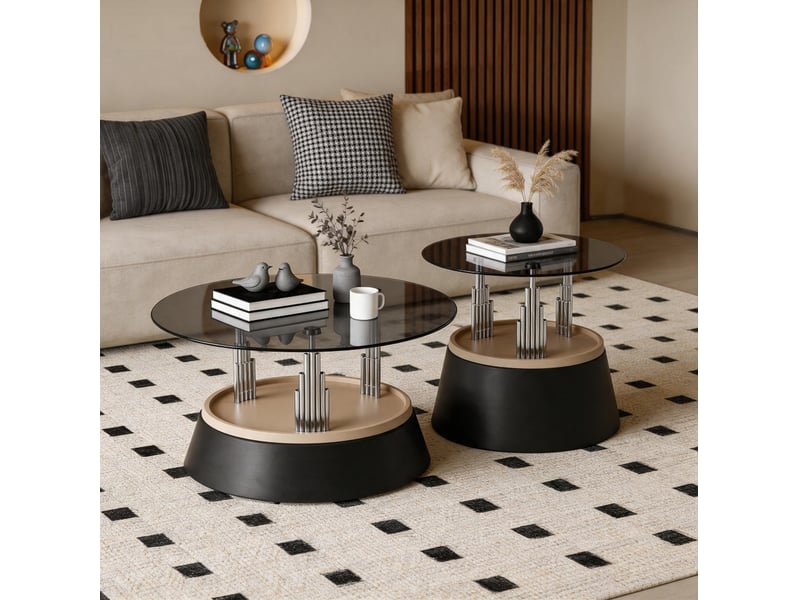  Set de 2 tables basses gigognes en verre trempé et métal, noir, 70 x 48 x 60 cm  - Conforama A
