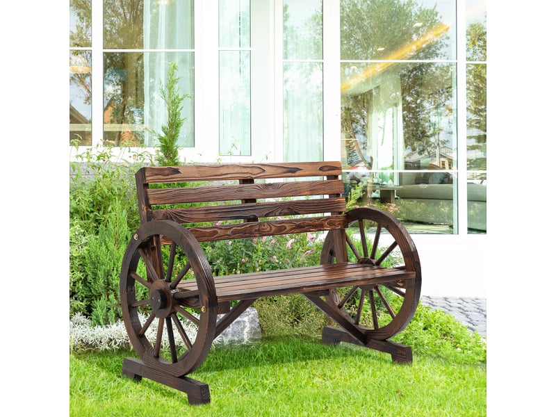 Banc de jardin 2 places en bois, avec structure à lattes et accoudoirs en forme de roue de chariot, 105,5 x 56 x 79 cm, brun brûlé  - Conforama C