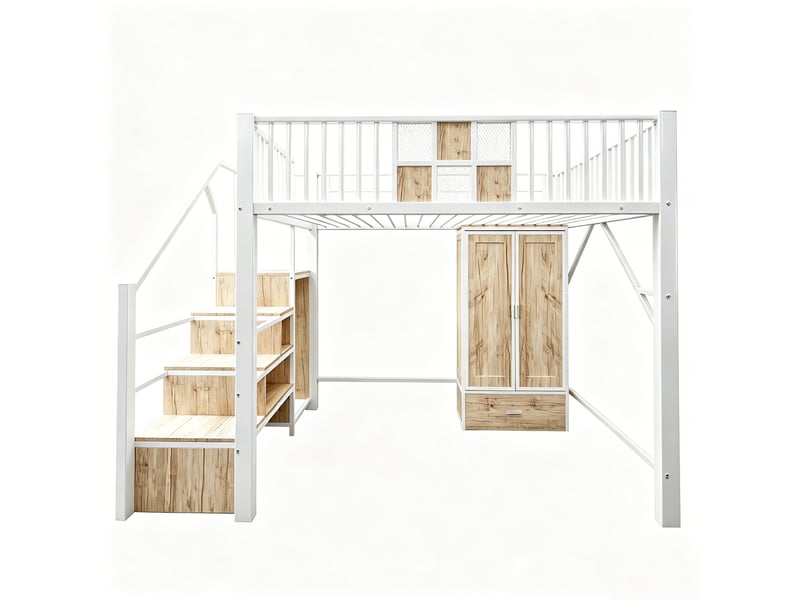  Lit mezzanine 140x200 cm, lit enfant armoire, escalier, tiroir, penderie, structure métal bois, blanc, sans matelas  - Conforama E