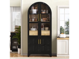 Buffet de cuisine- 76x40x180cm - meuble rangement cuisine verre cannelé en arche, 4 portes, tiroir - noir et bois chêne