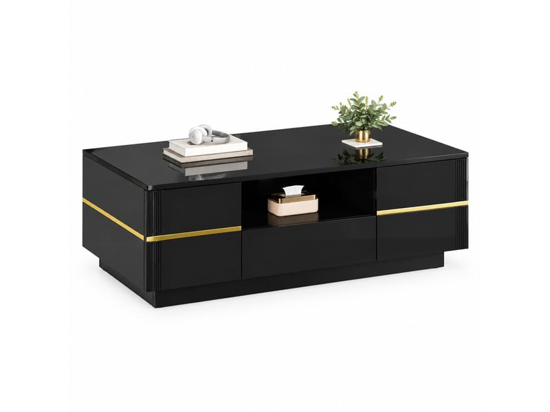  Table basse 100 × 50 × 35.5 cm en mdf avec éclairage led, 2 portes, tiroir et rangement ouvert noir avec détails dorés chicfurn  - Conforama A