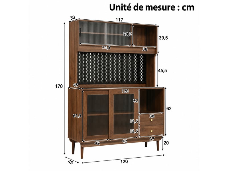  Buffet de cuisine avec portes coulissantes en verre strié, 117 x 30 x 170 cm  - Conforama C