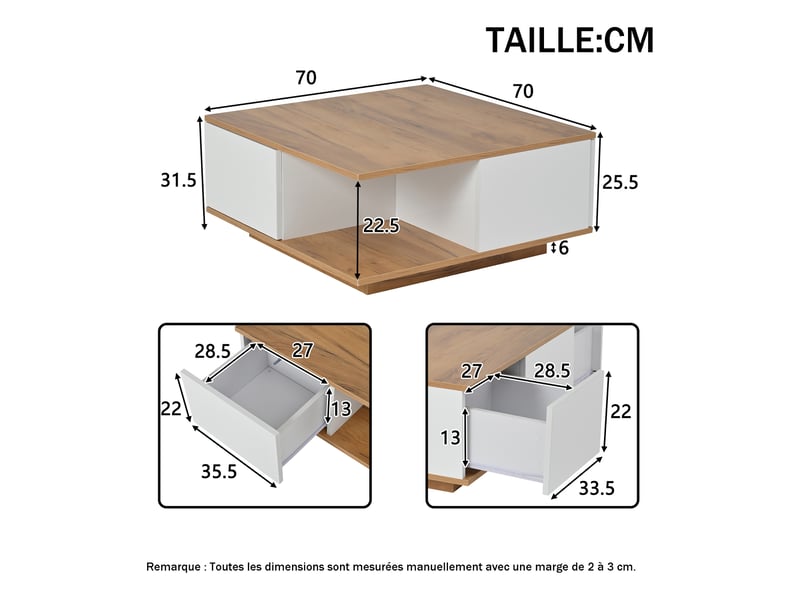  Table basse carrée avec 3 tiroirs et espace semi-ouvert, surface brillante, en panneau de particules, blanc noyer - uvrion  - Conforama E