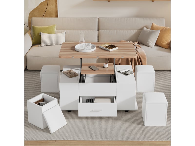 Table basse relevable avec 1 tiroir, 4 tabourets de rangement et roulettes, pour salon, en panneau de particules, blanc, 100×50×45 cm - uvrion - Conforama C