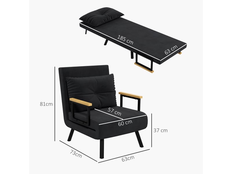  Fauteuil convertible 1 place en tissu effet velours avec accoudoirs noir 63x73x81 cm  - Conforama C
