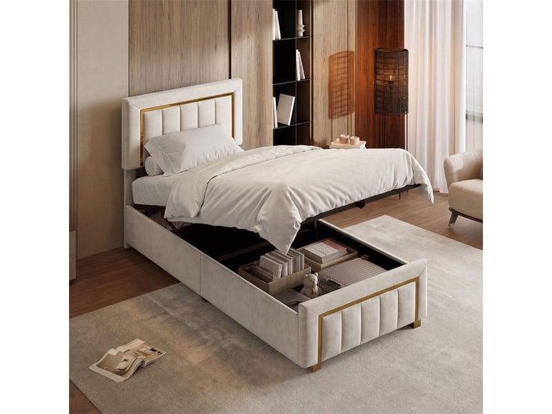  Lit 90x200 cm - lit coffre 90x200 cm - lit simple capitonné avec tête de lit réglable et liseré doré - velours beige  - Conforama D