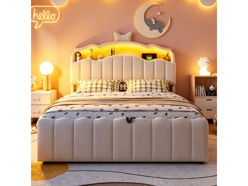  Lit coffre 2 places 140x200 cm - lit avec rangement hydraulique, tête de lit led, usb et usb-c - velours - beige  - Conforama R